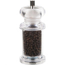 Clear Trudeau 2-in-1 salt and pepper mill with salt shaker on top and pepper grinder on bottom, standing upright on a white background.