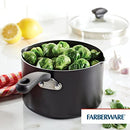 A 3-quart capacity saucepan by Farberware, featuring a nonstick surface, an aluminum body, and a tempered glass lid.