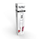 Dominion white hand blender shown in original retail packaging with berry smoothie image
