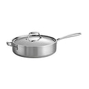 Tramontina Tri-Ply Clad Stainless Steel 6-Quart Sauté Pan with Lid, featuring a polished stainless steel finish and a long ergonomic handle