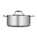 Front-facing view of the Tramontina Tri-Ply Clad Stainless Steel 5-Quart Dutch Oven with Lid, showcasing its sleek and professional design.