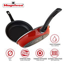 A visual guide highlighting the key features of the pan, including non-stick coating, vitrified steel, thermal diffuser, and induction compatibility.