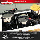 Two pressure cookers in use on a stovetop, with labels indicating 18/10 stainless steel construction.