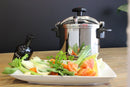 Magefesa Star Pressure Cooker displayed alongside fresh ingredients, emphasizing its use for healthy cooking.
