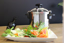 Magefesa Star Pressure Cooker displayed with fresh vegetables, emphasizing its use for healthy cooking.