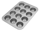 Silver Chicago Metallic Commercial II Traditional Uncoated 12-cup muffin and cupcake baking pan, measuring 15.75 by 11 inches.