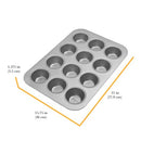 Silver Chicago Metallic Commercial II Traditional Uncoated 12-cup muffin and cupcake baking pan, measuring 15.75 by 11 inches.