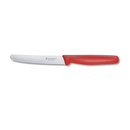 Victorinox 4-inch serrated rounded-tip knife with a red ergonomic handle and a stainless steel blade.