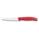 Victorinox 4-inch serrated pointed-tip knife with a red ergonomic handle and a stainless steel blade.