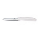 Victorinox 4-inch serrated pointed-tip knife with a white ergonomic handle and a stainless steel blade.