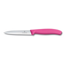 Victorinox 4-inch serrated pointed-tip knife with a pink ergonomic handle and a stainless steel blade.