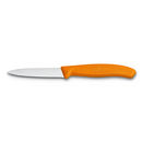 Victorinox 3.25-inch serrated paring knife with orange handle, angled on a white background.