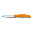 A Victorinox Swiss Classic paring knife is shown horizontally against a white background. It features a sharp, straight-edged silver blade and a comfortable, textured orange handle with the Victorinox logo.
