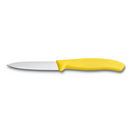 A Victorinox Swiss Classic paring knife is shown horizontally against a white background. It features a sharp, straight-edged silver blade and a comfortable, textured yellow handle with the Victorinox logo.