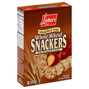A box of Lieber’s Whole Wheat Snackers, featuring crispy round whole wheat crackers with an unsalted top, perfect for snacking, pairing with dips, or adding to Shalach Manos.