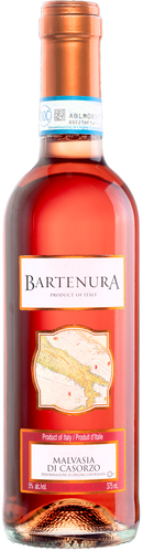 A 375ml bottle of Bartenura Malvasia di Casorzo, a light reddish-pink rosé wine, with an orange-bronze foil top and a white label featuring the brand name and a map illustration.