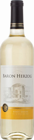 A full bottle of Baron Herzog Pinot Grigio white wine, featuring a white label with "Baron Herzog" and an illustration of a building, and a yellow band at the bottom indicating "Pinot Grigio."