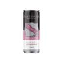 A sleek black, pink, and white metallic can of Bartenura Rosato wine, featuring the brand name and a map of Italy in pink, labeled "Rosato Lightly Sparkling Rosé Wine."