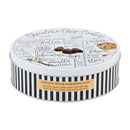 Round metal tin from Mud Pie designed for storing cookie ingredients or baked goods, decorated with a vintage-style cookie recipe on the lid.