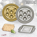 A display featuring a gold and silver Passover Seder plate, a decorative Matzah tray, and Matzah pieces, set against a festive background. The text indicates the image is for demonstration purposes only.