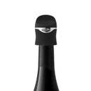 Houdini Stainless Black Wine and Champagne Sealer secured on the neck of a champagne bottle.