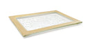 A rectangular glass serving tray with a textured surface and a gold-tone border. The elegant design combines a clear glass center with a metallic frame, making it ideal for serving appetizers, desserts, or decorative use.