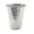 A close-up of the silver Kiddush cup, highlighting its modern hammered texture and smooth interior.
