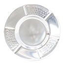A top-down view of the matching silver plate, displaying its intricate design and divided textured sections.