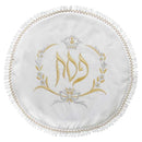 A white satin Passover Matzah cover featuring gold embroidered Hebrew text "פסח" (Pesach) surrounded by decorative floral designs and a Star of David, finished with an elegant lace trim.