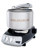 Premium Ankarsrum Original kitchen machine with a black horizontal base and large, polished stainless steel mixing bowl, ideal for baking and food preparation. This durable stand mixer features chrome accents and a front control panel with two dials for easy operation.