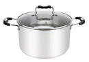 A 3-quart stainless steel stock pot with a tempered glass lid, featuring black silicone-coated handles for a comfortable grip.