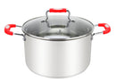 A 6-quart stainless steel stock pot with a tempered glass lid and vibrant red silicone-coated handles for a secure and comfortable grip.