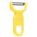 A Swiss-made yellow Y-shaped peeler with a precision stainless steel blade and ergonomic handle for effortless peeling.
