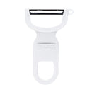 A Swiss-made white Y-shaped peeler with a precision stainless steel blade and ergonomic handle for effortless peeling.
