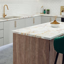 A roll of Dekal Pesach Counter Liner in a gold marble pattern, offering a stylish and clean design for countertops. The label prominently shows "Gold Marble" at the top right corner.