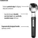 Feature breakdown showing pointed edge, cast-zinc head, and ergonomic grip of the Farberware scoop.
