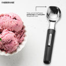 Scoop shown beside a dish of strawberry ice cream with a caption highlighting its pointed edge.