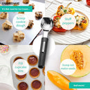 Infographic showing the scoop being used for cookie dough, stuffed peppers, cupcakes, and melons.