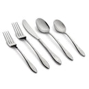 Five-piece place setting of silver textured mirror-finish flatware including fork, knife, and spoons