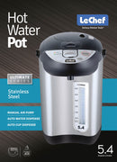 Retail box of Le Chef 5.4 qt stainless steel hot water pot with auto and manual dispensing