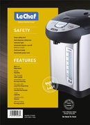 Duplicate back panel showing safety and features of the hot water urn