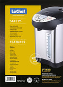 Back panel listing safety features and specifications for Le Chef urn