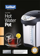 Le Chef hot water urn promotional display with tea cup and Shabbos-ready label