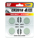 A blister pack containing four Blazing Voltz CR2016 3-volt lithium button cell batteries. The packaging is red and white, stating "VALUE PACK," "NO MERCURY ADDED," and includes warnings to keep away from children.