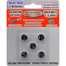 A blister pack containing five Blazing Voltz LR44/AG13 1.5-volt alkaline button cell batteries. The packaging is red and white, stating "VALUE PACK," "NO ADDED MERCURY," and illustrates uses for laser pointers, toys, small flashlights, and calculators.