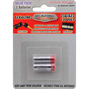 A blister pack containing two Blazing Voltz Alkaline 23A/A23 12-volt batteries, with text indicating use for key fobs, cameras, wireless transmitters, remote appliance switches, and remotes. The packaging also states "NO MERCURY ADDED."