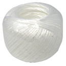 Ball of white polypropylene twine, tightly wound in a spherical shape, commonly used for packaging, bundling, or general household tasks.