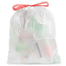 Clear tall kitchen trash bag filled with various items, tied securely at the top with a red drawstring closure.