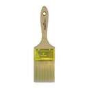 Flat paintbrush with natural wood handle and yellow metal ferrule, featuring synthetic bristles for general painting and staining tasks.