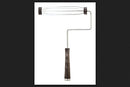Paint roller frame with a wooden handle and metal wire construction, designed to hold standard paint roller covers.